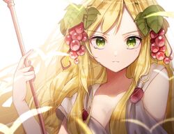  blonde_hair braid breasts cleavage eyelashes female food fruit grapes green_eyes hair_fruit hair_ornament leaf leaf_hair_ornament long_hair looking_at_viewer magi_the_labyrinth_of_magic mame_kuri mole mole_under_eye scheherazade_(magi) simple_background solo staff tears upper_body white_background 