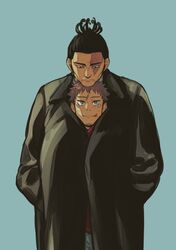  2boys black_coat black_hair coat cowboy_shot eye_contact head_on_hand itadori_yuuji jujutsu_kaisen looking_at_another male_focus multiple_boys pink_hair protected_link shared_clothes shared_coat short_hair sideburns smile spiked_hair toudou_aoi_(jujutsu_kaisen) undercut youhe_hino 