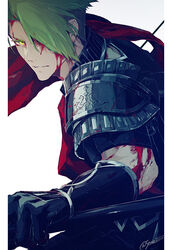  1boy achilles_(fate) arm_armor armor blood blood_on_clothes blood_on_face breastplate closed_mouth detached_sleeves fate/apocrypha fate/grand_order fate_(series) fighting_stance gradient_hair green_hair hair_over_one_eye holding holding_polearm holding_weapon looking_at_viewer male_focus manly multicolored_hair one_eye_covered photoshop_(medium) polearm red_sash sash sei_8220 shoulder_pads signature simple_background solo undercut upper_body weapon white_background yellow_eyes 