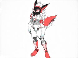  4:3 anthro black_body black_fur claws crotch_plate cybernetics female fur hair harpseal hi_res humanoid_pointy_ears light long_ears long_hair machine mammal metal_gloves muscular muscular_anthro muscular_female neon_lights noisy_(redace83) protogen red_body red_fur robotic_parts screen screen_face smile solo standing white_body white_fur 