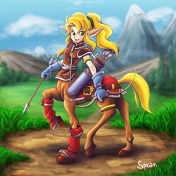  1:1 arrow_(weapon) blonde_hair blush bow_(weapon) breasts centaur clothed clothing cloud equid equid_taur european_mythology female gloves grass greek_mythology green_eyes hair handwear hooves humanoid_taur lips mammal mammal_taur may_(shining) mountain mythology outside plant ponytail quiver_(object) ranged_weapon sega shining_(sega) shining_force smile solo spram taur weapon 