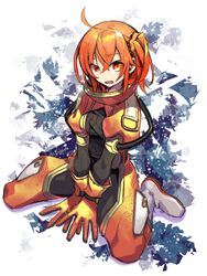  ahoge boots commentary_request fate/grand_order fate_(series) female fujimaru_ritsuka_(female) fujimaru_ritsuka_(female)_(captain_chaldea) gloves highres negi_(ulog&#039;be) official_alternate_costume orange_eyes orange_gloves orange_hair scrunchie side_ponytail sitting smile solo spacesuit wariza 