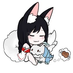  1:1 2015 ahri_(lol) animal_humanoid black_hair blush canid canid_humanoid canine canine_humanoid chibi closed_eyes duo facial_markings female food fox_humanoid hair hamze head_markings head_pat humanoid inner_ear_fluff kog&#039;maw_(lol) league_of_legends low_res mammal mammal_humanoid markings meat monster petting riot_games simple_background sitting smile tencent tuft white_background 