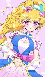  absurdres asahina_mirai blonde_hair blue_choker blue_gemstone breasts brooch choker cleavage cure_miracle cure_miracle_(sapphire_style) dutch_angle female folded_braid gem hair_ornament hat heart heart_hair_ornament highres jewelry long_hair looking_at_viewer magical_girl mahou_girls_precure! medium_breasts mikorin mini_hat mini_witch_hat navel pink_background pink_hat precure purple_eyes smile solo waist_ribbon wide_ponytail witch_hat 