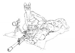  anthro arm_support ass big_breasts bottomwear breasts claws cleavage clothed clothing digital_drawing_(artwork) digital_media_(artwork) digitigrade duo earplugs eyewear felid feline female furgonomics goggles gun holding_gun holding_object holding_ranged_weapon holding_rifle holding_weapon hotchkiss hotchkisstank kneeling leaning leaning_forward licking licking_lips looking_at_another lying mammal markings monochrome neck_tuft on_front one_eye_closed pantherine pants ranged_weapon rifle serval serval_girl_(fluffcat) shirt shorts simple_background snow_leopard spots spotted_markings tank_top teeth tongue tongue_out topwear tuft vesna weapon white_background wink 