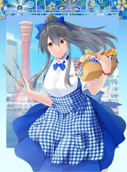  alternate_costume alternate_hairstyle apron blue_apron blue_bow blue_bowtie bow bowtie brown_eyes checkered_apron checkered_clothes employee_uniform female gingham gingham_apron grey_hair hair_ornament hairbow hairclip haruna_(kancolle) high-waist_skirt highres kantai_collection kobe kobe_port_tower kobeya kobeya_uniform long_hair map_(blue_catty) plaid plaid_apron ponytail sidelocks skirt smile solo tongs uniform waitress 