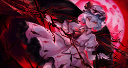  13844 absurdres ascot black_wings blue_hair brooch closed_mouth commentary demon_wings dress dutch_angle energy female frilled_cuffs frilled_sleeves frills full_moon hat hat_ribbon highres holding holding_polearm holding_weapon jewelry jichou_senshi light_smile looking_at_viewer medium_dress mob_cap moon pink_dress pink_hat polearm puffy_short_sleeves puffy_sleeves red_ascot red_eyes red_moon red_ribbon red_sky remilia_scarlet ribbon short_hair short_sleeves sky solo spear spear_the_gungnir standing touhou weapon wind wind_lift wings 