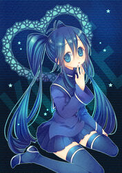  antenna_hair bad_id bad_pixiv_id blue_eyes blue_hair blue_thighhighs female fuyu_mochi hand_on_own_chin heart imaichi_moenai_ko kobe_shinbun long_hair nail_polish open_mouth sitting skirt solo star_(symbol) thighhighs twintails wariza zettai_ryouiki 