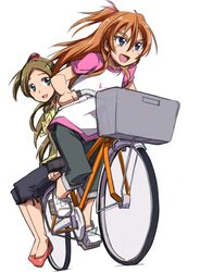  2girls bicycle blue_eyes brown_hair capri_pants commentary_request green_eyes hair_bobbles hair_ornament haiteku houjou_hibiki long_hair minamino_kanade multiple_girls multiple_riders no_socks open_mouth orange_hair pants partial_commentary precure riding sidesaddle simple_background sitting suite_precure white_background 