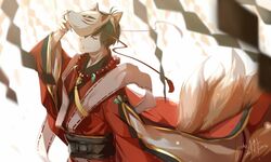  1boy alternate_eye_color animal_ears artist_name bead_necklace beads black_hair blurry closed_mouth commentary_request dated depth_of_field fingernails fox_ears fox_mask fox_tail hand_up japanese_clothes jewelry kimono kitsune light_particles long_fingernails long_sleeves looking_at_viewer magatama male_focus mask mask_on_head matsuno_osomatsu multiple_tails necklace obi one_eye_covered osomatsu-kun osomatsu-san osomatsu_(series) phino red_eyes red_kimono ribbon_trim sash shide signature smile solo stole tail tassel upper_body white_background wide_sleeves 