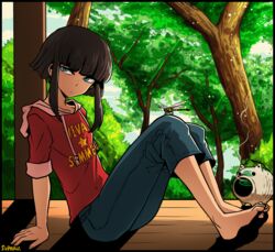  androgynous artist_name bangs black_hair blue_eyes blunt_bangs brown_hair cloud denim dragon_fly forest jeans leaning_back lolicon male male_focus nature original outdoors pants shirt short_hair short_hair_with_long_locks sitting sky solo suparu_(detteiu) tree 