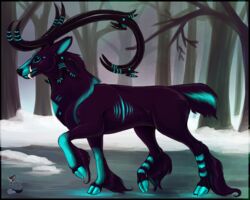  5:4 antlers bioluminescence black_body black_fur blue_glow cloven_hooves cyan_hooves deer detailed_background fangs feathering feral forest fur glowing glowing_hooves hooves horn husgryph ice lake male mammal new_world_deer one_leg_up outside plant purple_body purple_fur raised_leg reindeer side_view snow solo teeth tree tusks walking 