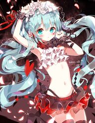  aqua_eyes aqua_hair arm_up b_rock bad_id bad_pixiv_id bare_shoulders bless_you_(module) female flower frills hair_flower hair_ornament hatsune_miku head_wreath headphones long_hair midriff miniskirt navel nisoku_hokou_(vocaloid) project_diva_(series) project_diva_f_2nd skirt sleeveless solo thighhighs twintails very_long_hair vocaloid wrist_cuffs 