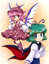  2girls animal_ears antennae bird_wings blue_eyes blush cape earrings frilled_skirt frills full_body gradient_background green_hair grey_eyes hand_on_own_chest hat jewelry kneehighs long_sleeves mary_janes mob_cap multiple_girls mystia_lorelei nitamago open_mouth pink_hair puffy_long_sleeves puffy_sleeves shirt shoes short_hair skirt skirt_set smile socks touhou upper_body white_shirt wings wriggle_nightbug 