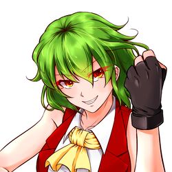  &gt;:) adapted_costume ascot bare_shoulders black_gloves clenched_hand commentary_request eyes_visible_through_hair female fingerless_gloves gloves green_hair grin itocoh kazami_yuuka looking_at_viewer orange_eyes red_vest shirt short_hair sleeveless sleeveless_shirt smile solo touhou upper_body v-shaped_eyebrows vest white_background white_shirt 