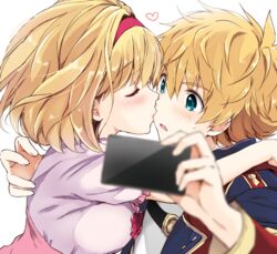  1boy akina_tsukako blonde_hair blue_eyes blurry blush breasts cellphone closed_eyes commentary_request depth_of_field djeeta_(granblue_fantasy) eyelashes feather_(granblue_fantasy) female frilled_sleeves frills granblue_fantasy hairband heads_together heart holding holding_phone kissing long_hair long_sleeves looking_at_another medium_breasts phone pink_hairband profile selfie short_hair short_sleeves simple_background smartphone straight surprised taking_picture upper_body white_background 