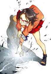  ankle_boots armband bandana bare_legs black_footwear black_hair blue_bandana boots chidori_(naruto) closed_mouth commentary_request electricity electrokinesis female forehead_protector full_body glasses jacket kevin.h konohagakure_symbol long_sleeves looking_at_viewer magic miniskirt naruto naruto_(series) ninja orange_jacket pleated_skirt red-framed_eyewear red_eyes red_skirt sandals sharingan shirt short_hair skirt smile smirk solo toeless_footwear toes uchiha_sarada white_shirt 