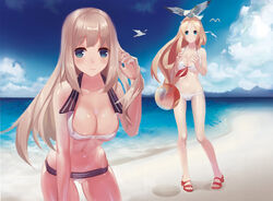  2girls animal ball beach bikini bird blonde_hair blue_eyes breasts cleavage clouds lexington liyou-ryon long_hair sky swimsuit water zhanjian_shaonu 