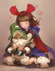  armband black_gloves blue_skirt blush brown_hair cape closed_eyes commentary_request creature facial_mark female gloves hairband hat heart hug hug_from_behind kusano_shinta long_sleeves mini_orbling_(terra_battle) motion_lines open_mouth piz&#039;fer_(terra_battle) short_hair sitting skirt smile solo star_(symbol) terra_battle yukken_(terra_battle) 