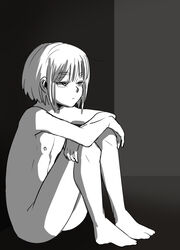  1boy barefoot feet grey_background lolicon male male_focus monochrome nude original simple_background sitting solo suparu_(detteiu) toes 