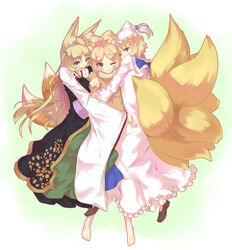  3girls animal_ears barefoot blonde_hair commentary_request crossover fox_ears fox_tail girl_sandwich green_eyes hug multiple_girls multiple_tails ninetales one_eye_closed paw_pose personification pokemon sandwiched smile species_connection sue_(bg-bros) tail toppara touhou touka_(toppara) yakumo_ran 