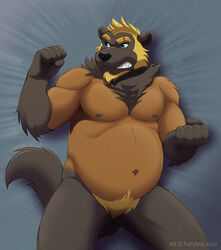  2012 5_fingers anthro avoid_posting belly biceps big_muscles biped black_nose blue_eyes brown_body brown_fur chest_tuft digital_media_(artwork) fingers fist front_view fur furrybob gulonine kuzuri male mammal musclegut muscular muscular_anthro muscular_male mustelid musteline navel nipples nude overweight overweight_anthro overweight_male pose pubes raised_arm raised_fist scar solo standing stocky tuft wolverine 