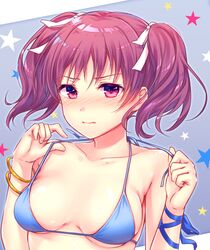  bad_id bad_pixiv_id bikini blue_bikini blue_ribbon blush bracelet breasts commentary_request female hair_ribbon halterneck hands_up jewelry kazuno_leah looking_at_viewer love_live! love_live!_sunshine!! micro_bikini natami_(sukeham) pink_ribbon purple_eyes purple_hair ribbon small_breasts solo star_(symbol) starry_background swimsuit tearing_up twintails untying upper_body v-shaped_eyebrows wrist_ribbon 