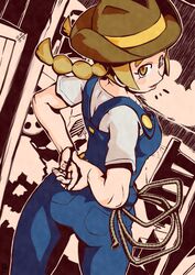  ^^^ arms_behind_back ass bare_arms belt blonde_hair blush breasts brown_hat buttons chawalit_adsawawalanon cloud collarbone commentary_request cowboy_hat cowboy_shot cowgirl_(western) denim dutch_angle female fence fingernails from_behind hat highres lasso long_hair looking_at_viewer looking_back medium_breasts motor_vehicle open_mouth outline overalls pocket pokemon pokemon_breeder_(pokemon) pokemon_sm ranch rope shirt short_sleeves sky smile solo standing suspenders tongue truck twintails undershirt wheel white_shirt wooden_fence yellow_eyes 