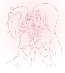  2girls akemi_homura akemi_homura_(magical_girl) bow commentary_request gem hairband hairbow highres holding_hands imminent_kiss interlocked_fingers kaname_madoka long_hair mahou_shoujo_madoka_magica mahou_shoujo_madoka_magica_(anime) mitakihara_school_uniform multiple_girls saliva school_uniform shared_food short_hair sonson_(eleven) soul_gem tongue twintails yuri 