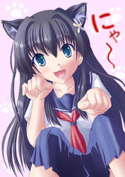  animal_ears black_hair blue_eyes blush cat_ears commentary_request female highres long_hair nekoya_kazuya open_mouth paw_pose photoshop_(medium) sakugawa_school_uniform saten_ruiko school_uniform solo toaru_kagaku_no_railgun toaru_majutsu_no_index 