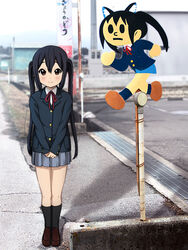  black_hair brown_eyes commentary_request female k-on! long_hair nakano_azusa photo_background photoshop_(medium) ryunnu sakuragaoka_high_school_uniform school_uniform tobidashi-bouya twintails 