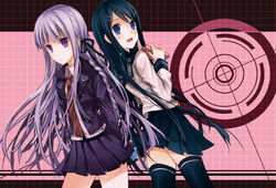  2girls back-to-back blue_eyes blue_hair box braid commentary_request danganronpa:_trigger_happy_havoc danganronpa_(series) hair_ornament hair_ribbon hairclip jacket kirigiri_kyoko long_hair maizono_sayaka multiple_girls necktie open_mouth purple_eyes purple_hair ribbon school_uniform serafuku side_braid smile suzushiro_kurumi thighhighs zettai_ryouiki 