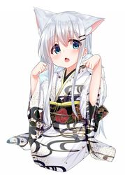  animal_ears bad_id bad_pixiv_id blue_eyes cacao_(chocolat) cat_ears chestnut_mouth chocola_(cacao) female full_body hair_between_eyes hair_ornament hairclip hands_up head_tilt highres japanese_clothes kimono long_hair long_sleeves looking_at_viewer obi oerba_yun_fang open_mouth original print_kimono sash sidelocks simple_background solo very_long_hair white_background white_hair white_kimono wide_sleeves 