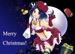  bell black_hair blush christmas hat natashya_(pommier) original short_hair thighhighs 