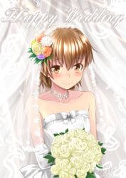  artist_name blush bouquet bridal_veil brown_eyes brown_hair commentary_request dated dress elbow_gloves female flower gloves hair_flower hair_ornament highres jewelry looking_at_viewer misaka_mikoto necklace okara rose satou_rina short_hair signature smile solo toaru_kagaku_no_railgun toaru_majutsu_no_index veil voice_actor_connection wedding_dress white_dress white_flower white_rose 