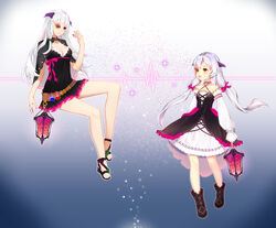  artificial_eye bad_deviantart_id bad_id boots borrowed_character bow capelet cecilia_(acerailgun) detached_sleeves dress female hairbow highres horns hoshi_usagi lantern long_hair nail_polish orange_eyes original pink_nails potion purple_eyes ribbon time_paradox white_hair witch 