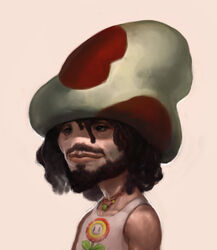  amphibian beard better_version_at_source blue_eyes brown_hair clothing dreadlocks facial_hair fire_flower flower frog fungus hair hat head_gear headgear headwear human jewelry long_hair male mammal mario_bros moustache mushroom necklace nintendo plant robotpencil shirt solo tank_top toad_(frog) topwear 