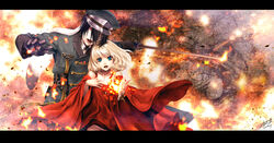  1boy bad_id bad_pixiv_id black_gloves black_hair blonde_hair blue_eyes dress fangs female fire gloves hat highres katana letterboxed open_mouth original red_dress red_eyes sword taki_zen&#039;ichi uniform weapon 