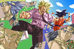  black_hair blonde_hair broly casual dragon_ball dragon_ball_z escape escape_attempt grab grabbing leaving male male_focus necktie phone son_goku son_gokuu super_saiyan tullece turles vegeta 