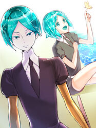  2others androgynous aqua_eyes aqua_hair bug butterfly commentary_request dual_persona gem_uniform_(houseki_no_kuni) golden_arms highres houseki_no_kuni looking_at_viewer multiple_others necktie open_mouth other_focus phosphophyllite short_hair smile spoilers uniform yuduki_(tt-yuduki) 