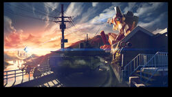  bob_(despicable_me) clouds combat_vehicle crossover despicable_me eva-00 kevin_(despicable_me) mecha neon_genesis_evangelion scenic sky stairs stuart_(despicable_me) zozoda 