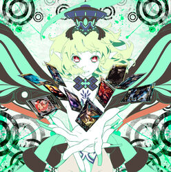  92m bad_id bad_pixiv_id blonde_hair card fairy fairy_(lord_of_vermilion) female fingernails floating_card hat lord_of_vermilion nail_polish open_mouth pointy_ears red_eyes solo wings 