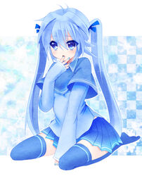  ahoge bad_id bad_pixiv_id between_legs blue_eyes blue_hair blue_theme blue_thighhighs capelet checkered_background covering_own_mouth female hair_ribbon hand_between_legs hand_over_own_mouth imaichi_moenai_ko kobe_shinbun long_hair nail_polish nochita_shin open_mouth ribbon sitting skirt sleeves_past_wrists solo tears thighhighs twintails wariza zettai_ryouiki 