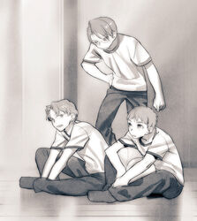  3boys bad_id bad_pixiv_id ball emiya_shirou fate/stay_night fate_(series) glasses greyscale gym_uniform male_focus matou_shinji monochrome multiple_boys open_mouth ryuudou_issei shirt short_sleeves sitting t-shirt taa_(acid) wavy_hair 