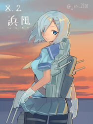  blue_eyes character_name commentary_request female gloves hair_ornament hair_over_one_eye hairclip hamakaze_(kancolle) highres kantai_collection machinery pantyhose pleated_skirt school_uniform semidou_jun serafuku short_hair short_sleeves skirt solo sunset white_gloves 