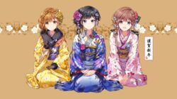  3girls adagaki_aki bangs black_eyes black_gloves black_hair blue_kimono blunt_bangs blush braid brown_eyes brown_hair closed_mouth eyebrows_visible_through_hair floral_print fujinomiya_neko fur_trim gloves hair_between_eyes hair_ornament highres japanese_clothes kimono koiwai_yoshino light_brown_hair long_sleeves looking_at_viewer masamune-kun_no_revenge mole mole_under_eye multiple_girls obi open_mouth photoshop pink_kimono sash sitting smile tiv wallpaper wide_sleeves yellow_kimono 