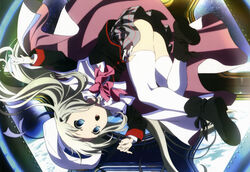  absurdres blonde_hair blue_eyes bow cape earth_(planet) female hagiwara_hiromitsu hat highres imageboard_desourced little_busters! little_busters!_school_uniform long_hair non-web_source noumi_kudryavka nyantype official_art open_mouth pink_bow planet scan school_uniform solo space star_(symbol) thighhighs very_long_hair white_thighhighs zero_gravity 