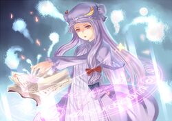  bad_id bad_pixiv_id book bug butterfly crescent dress female hair_ribbon hat long_hair magic magic_circle patchouli_knowledge purple_eyes purple_hair ribbon solo touhou yizhirenben 