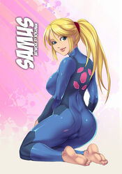  barefoot blonde_hair blue_eyes bokuman cameltoe female looking_back metroid ponytail samus_aran sitting solo zero_suit 