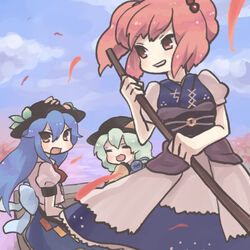  3girls bad_id bad_pixiv_id blue_hair blush boat dress field flower flower_field food fruit green_hair hair_bobbles hair_ornament hat hinanawi_tenshi komeiji_koishi konbu_ame long_hair multiple_girls onozuka_komachi peach pink_hair red_eyes scythe short_hair skirt smile spider_lily sun_hat third_eye touhou two_side_up watercraft 